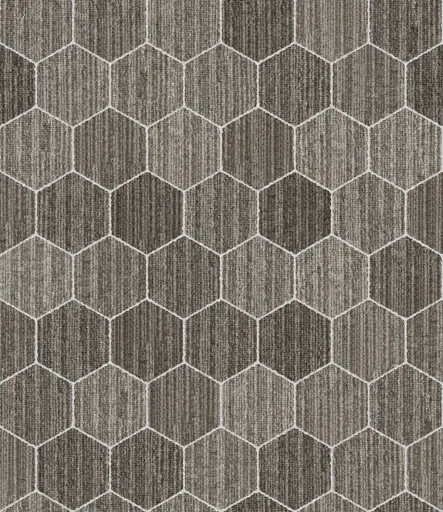carpet with earth tone hexagonal pattern in brown and beige with subtle striped texture