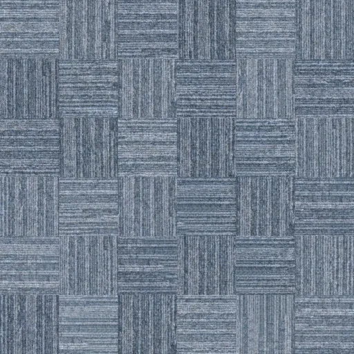 patterned carpet tiles in blue and grey earth tones with alternating horizontal and vertical stripes