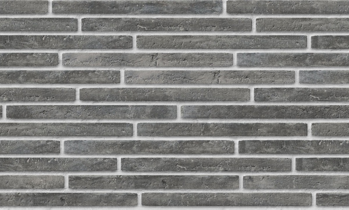 Gray brick wall with staggered pattern and textured surface, suitable for architectural and exterior use.
