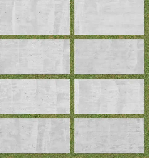 Light grey concrete slabs arranged in a grid pattern with grass in between, suitable for outdoor flooring.