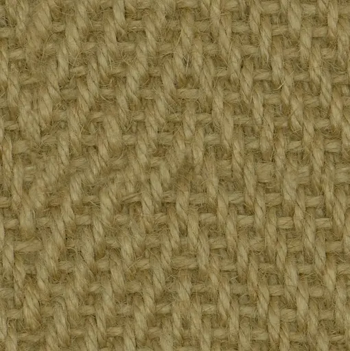 close-up of natural beige jute fabric with a herringbone woven pattern and coarse fibers