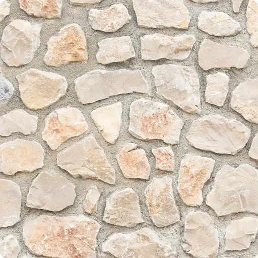 Seamless limestone wall with irregular light beige stones and mortar joints, used for exterior or interior wall cladding.