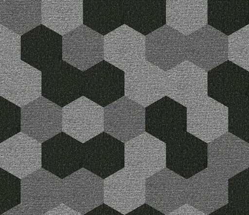 loop-pile carpet with hexagonal geometric pattern in shades of gray and black for flooring