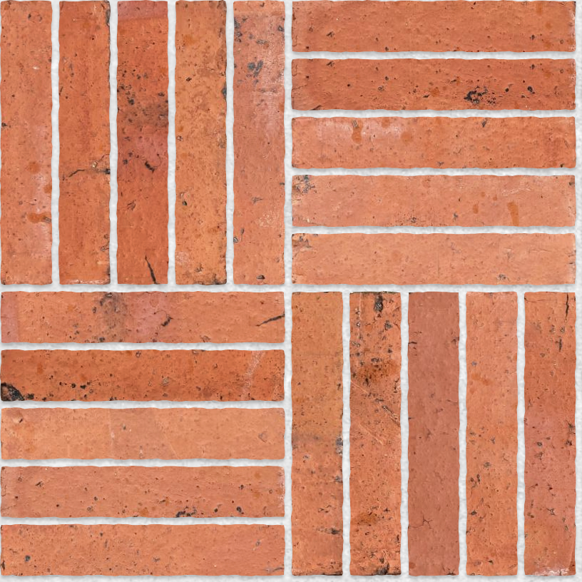 red clay bricks arranged in a basketweave pattern with visible mortar joints and rough texture