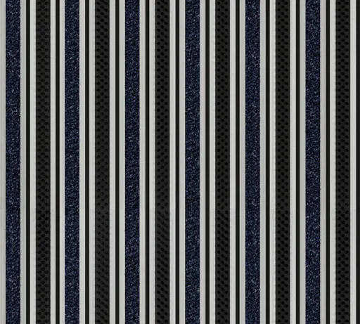 fabric with vertical stripes in blue, black dotted texture, and white, suitable for upholstery or curtains