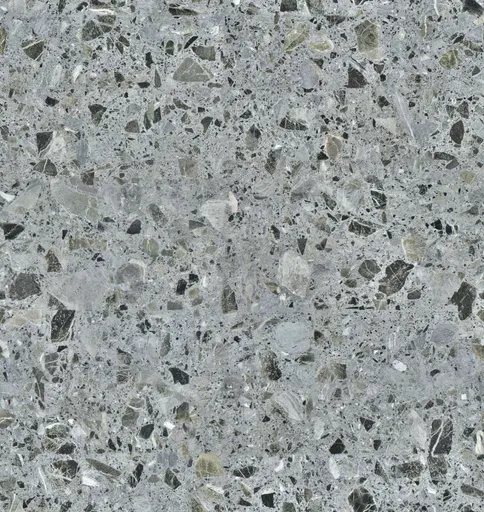 polished grey terrazzo stone slab with mixed grey and black stone chips in an organic speckled pattern