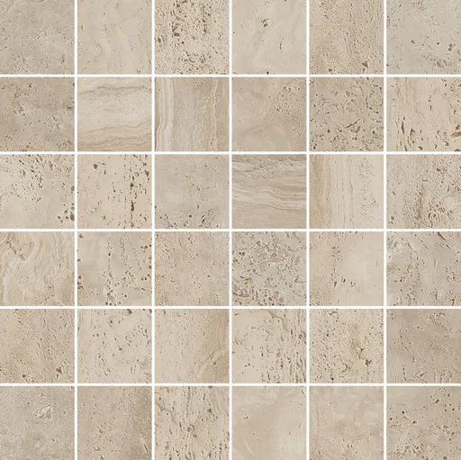 Beige travertine stone tiles with natural porous texture and veined patterns, arranged in a grid for wall use