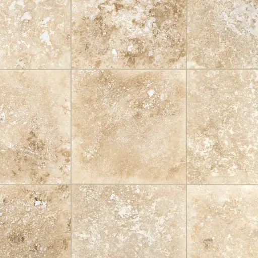 Beige travertine natural stone tiles with organic speckled pattern, seamless and tileable for flooring or wall use.