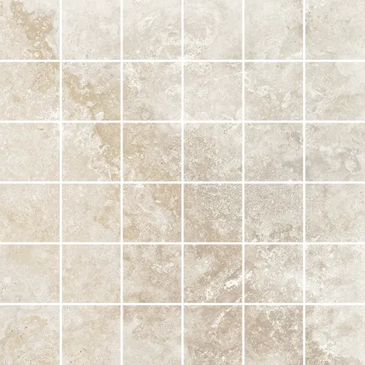 Beige travertine stone tiles with natural veining arranged in a seamless grid pattern for flooring or walls