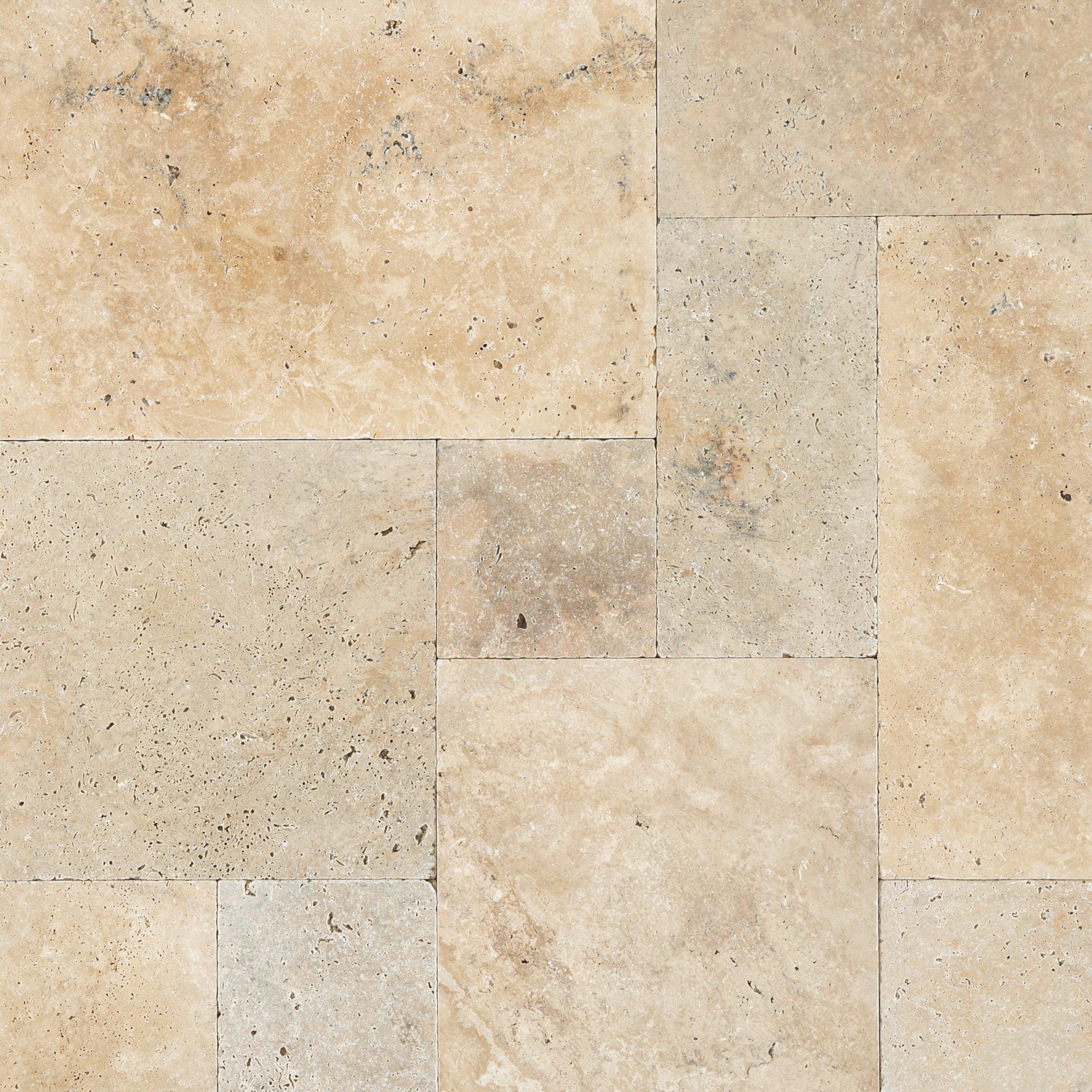 Beige travertine stone tiles with natural veining and porous surface, suitable for flooring and wall use.