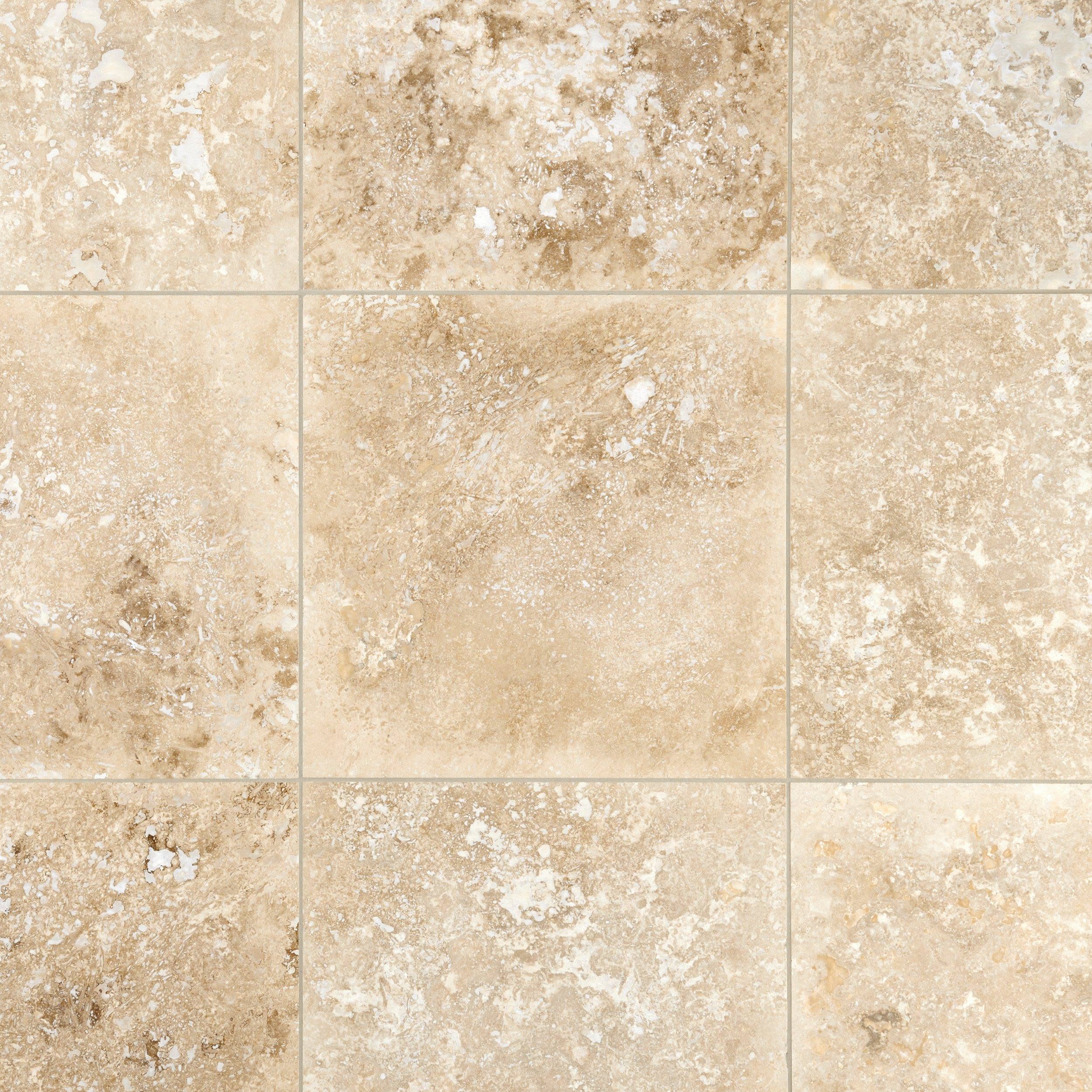 Beige travertine natural stone tiles with organic speckled pattern, seamless and tileable for flooring or wall use.
